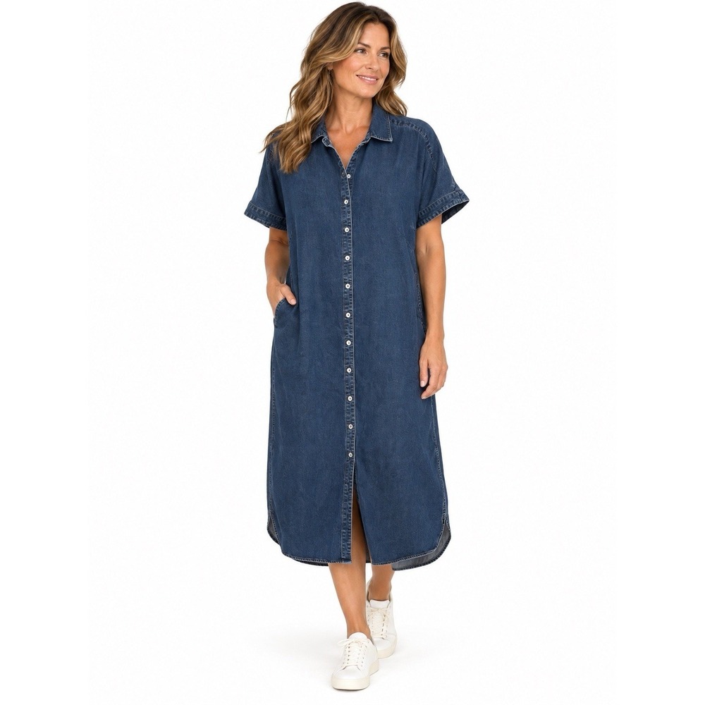 Soft Surroundings the Je Veux Midi Shirtdress 1X Dark Blue Short Sleeve